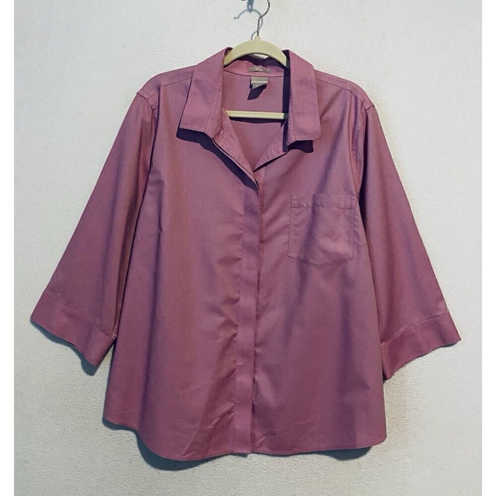 Chicos Top Womens XL Pink No Iron Cotton Pocket Detail 3/4 Sleeve Classic
